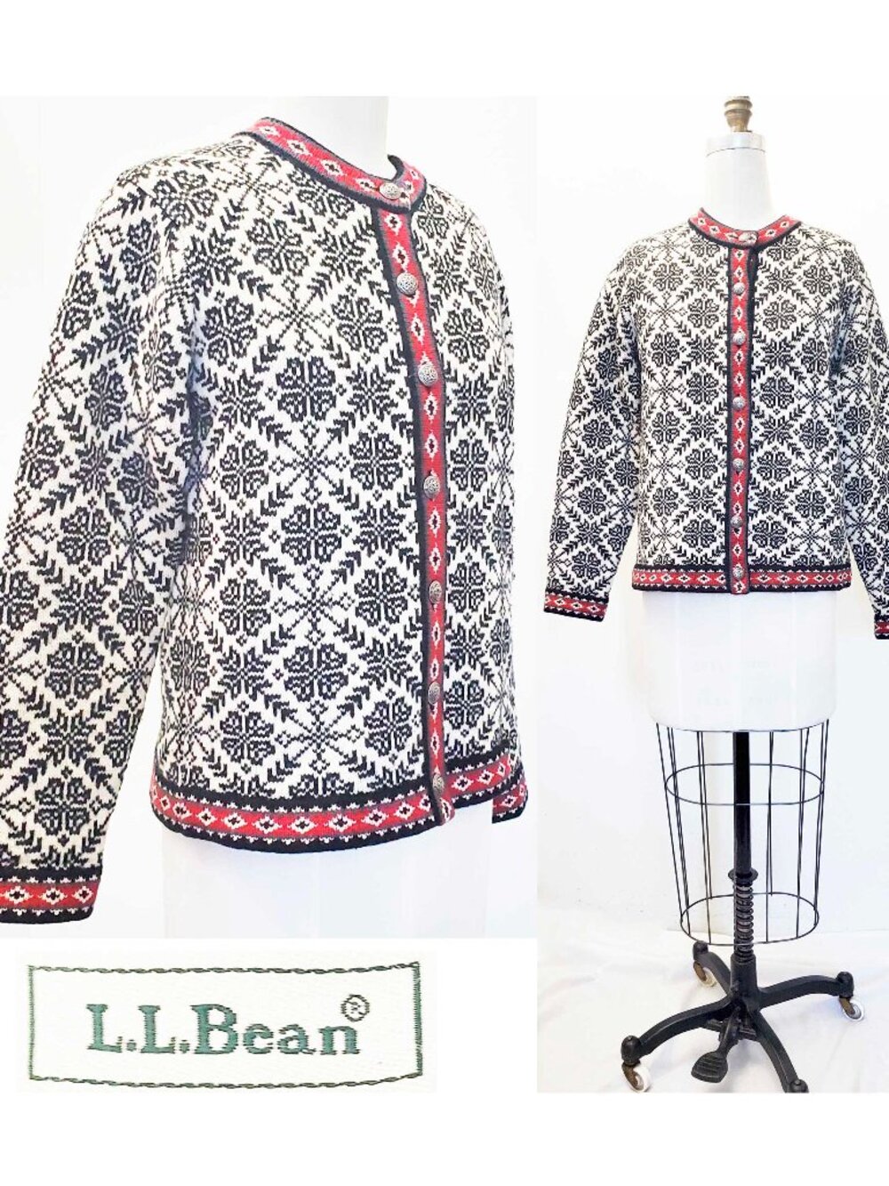 L.L. Bean Snowflake Wool Cardigan Sweater Womens Black White Nordic Fair Isle